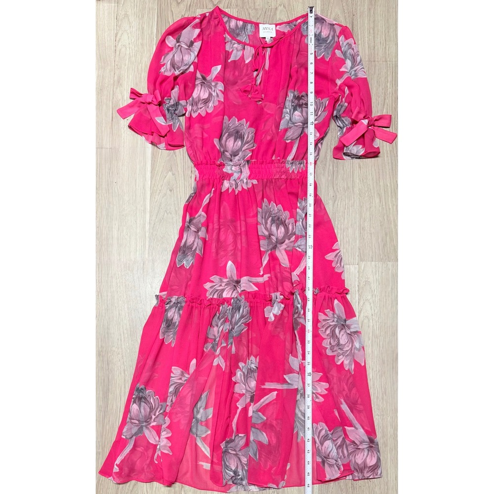 MISA Los Angeles Hot Pink Floral Viscose Midi Dress XS Smocked Waist Tassel Tie